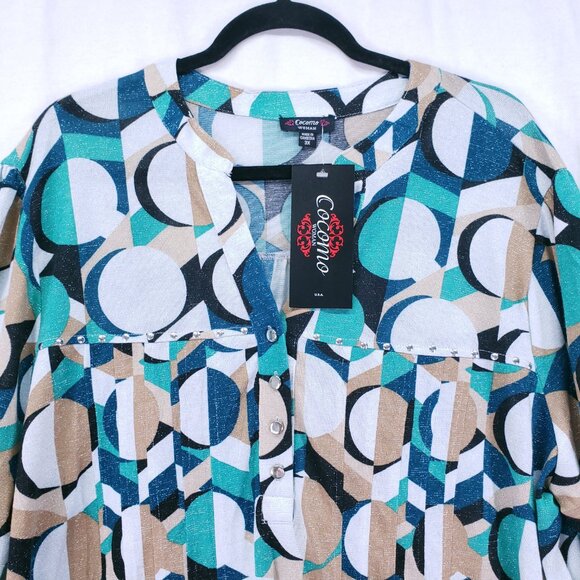 Cocomo Woman Pintuck Blouse Size 3X Multicolor Geometric Stretch Formal Preppy - Picture 6 of 15